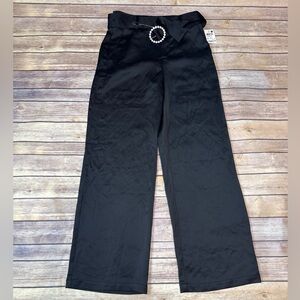 Bar lll Rhinestone Ring Backle Belted Satin Wide Leg Pants Black Size 0